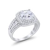 14K White Gold Halo Art Deco Wedding Ring Princess Cut Round Simulated CZ Size-7