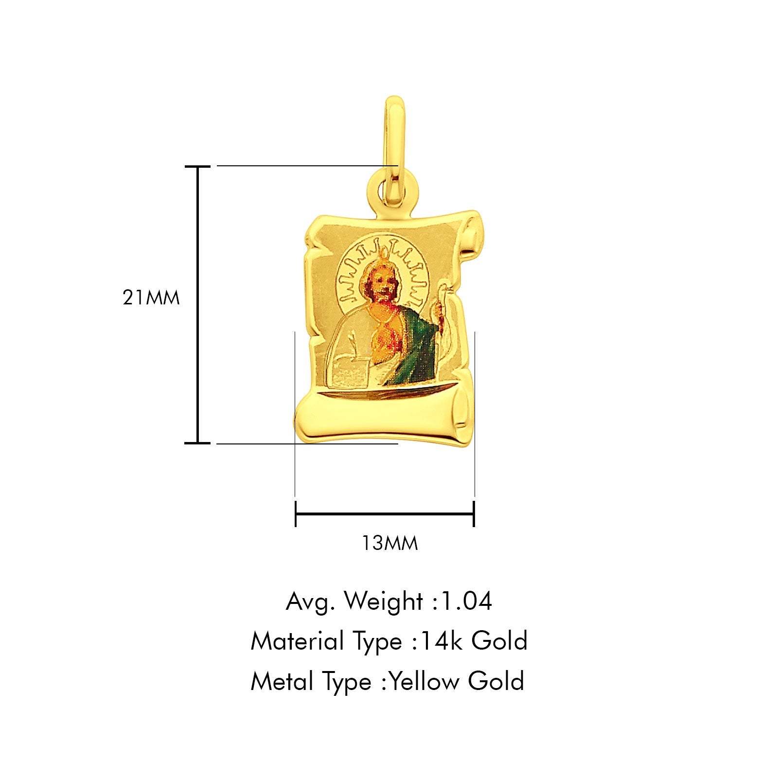 14K Yellow Gold St. Jude Enamel Picture Religious Pendant 21mmX13mm 1.0 grams