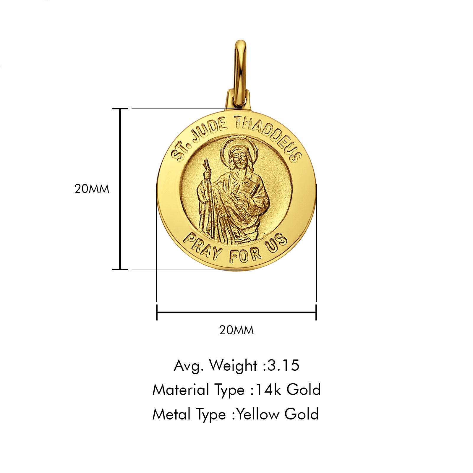 14K Yellow Gold St. Jude Thaddeus Religious Pendant 20mmX20mm 3.1 grams