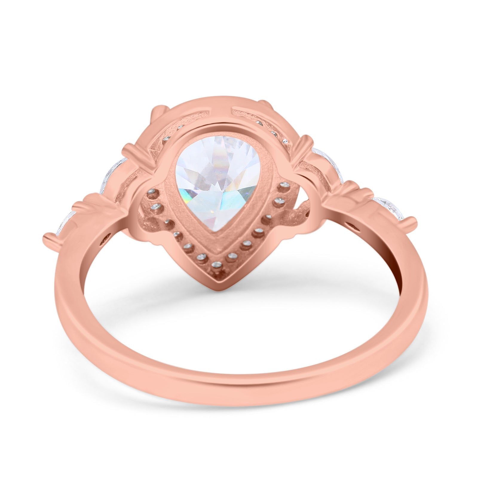 14K Rose Gold Teardrop Pear Art Deco Engagement Wedding Bridal Halo Ring Round Marquise Simulated CZ Size-7