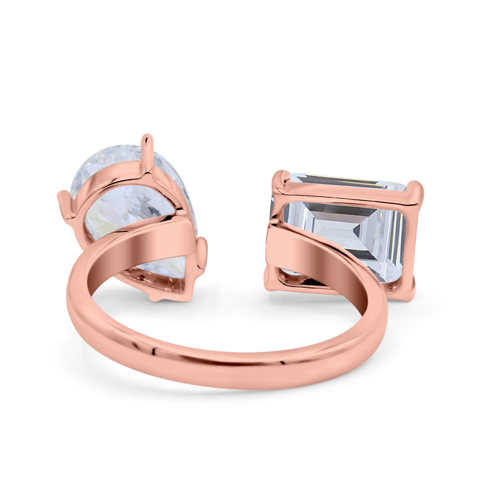 14K Rose Gold Open Teardrop Pear Emerald Cut Wedding Bridal Simulated Cubic Zirconia Cocktail Ring Size-7