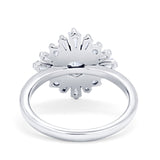 14K White Gold Halo Floral Style Vintage Art Deco Wedding Engagement Ring Baguette Round Simulated Cubic Zirconia Size-7