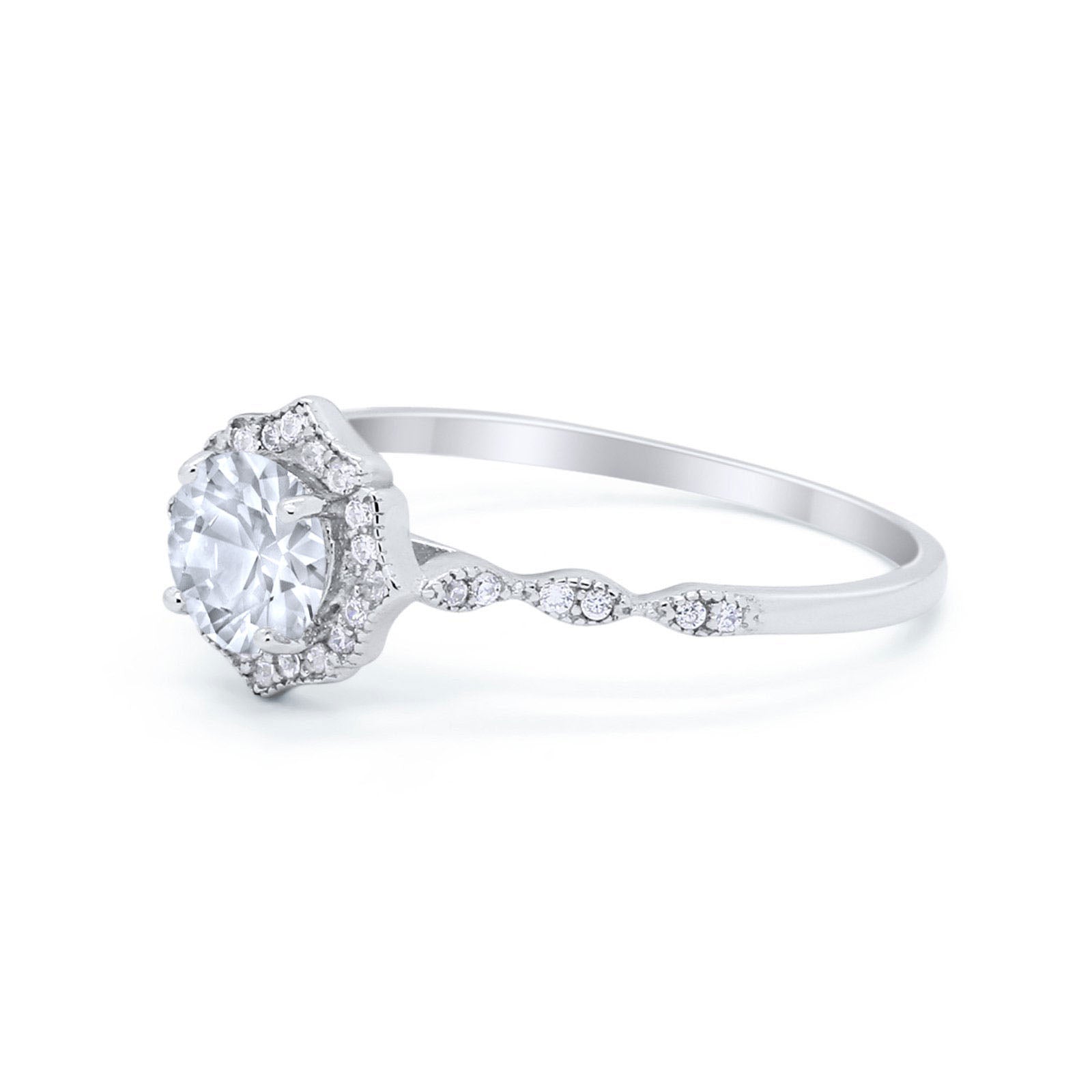 14K White Gold Round Petite Dainty Bridal Wedding Engagement Ring Simulated CZ Size-7