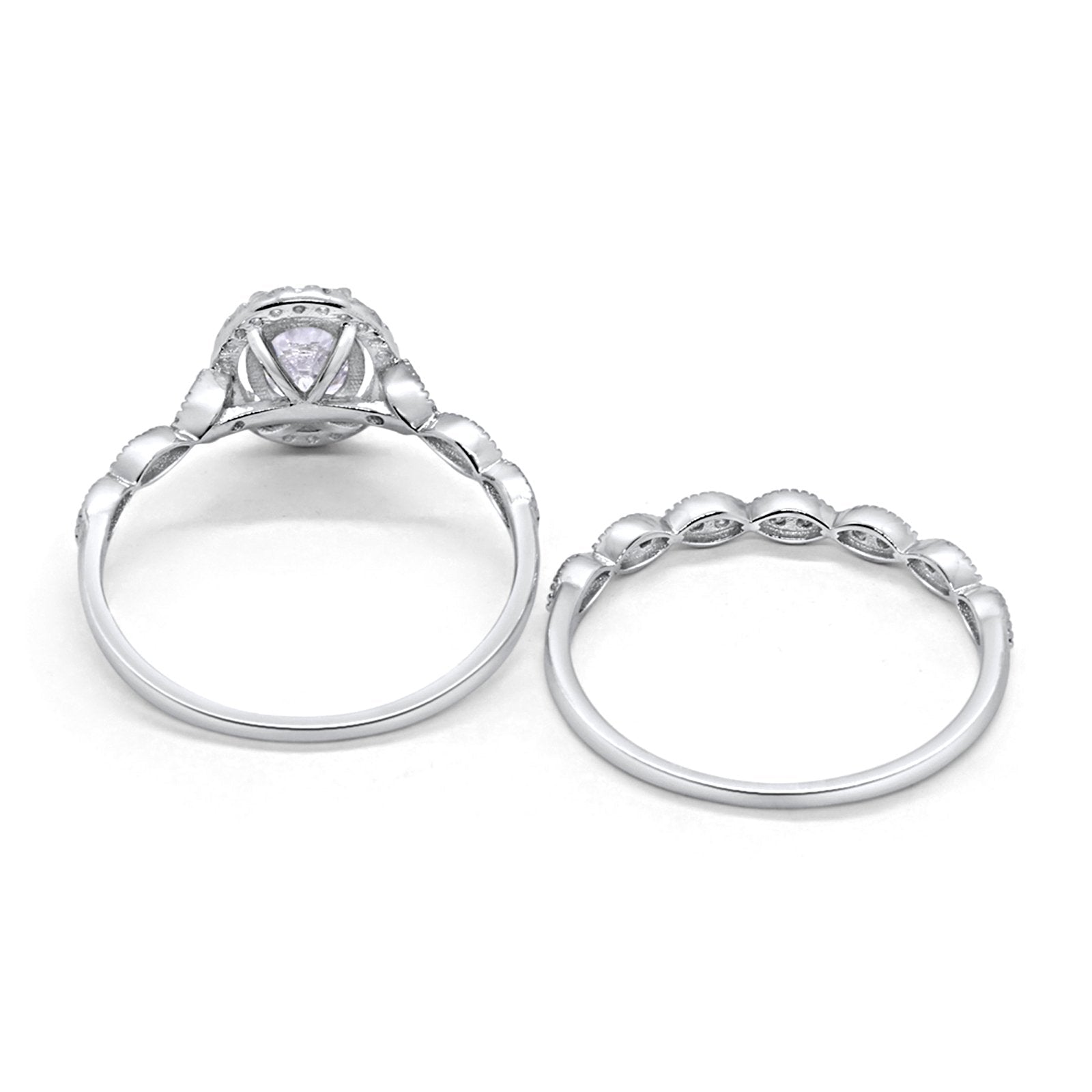 14K White Gold Halo Bridal Set Piece Oval Engagement Wedding Ring Simulated CZ Size-7