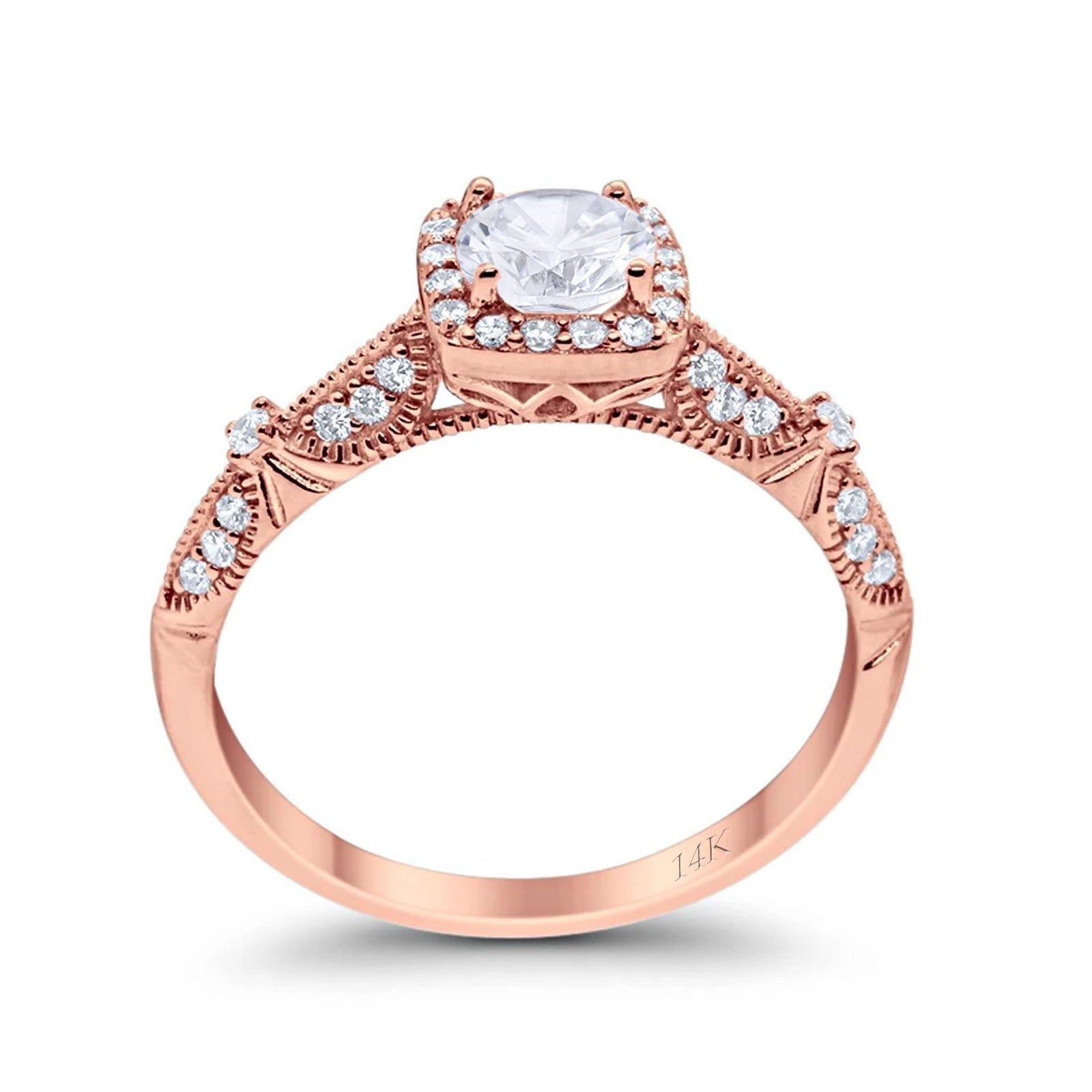 14K Rose Gold Halo Round Bridal Wedding Engagement Ring Simulated CZ Size-7