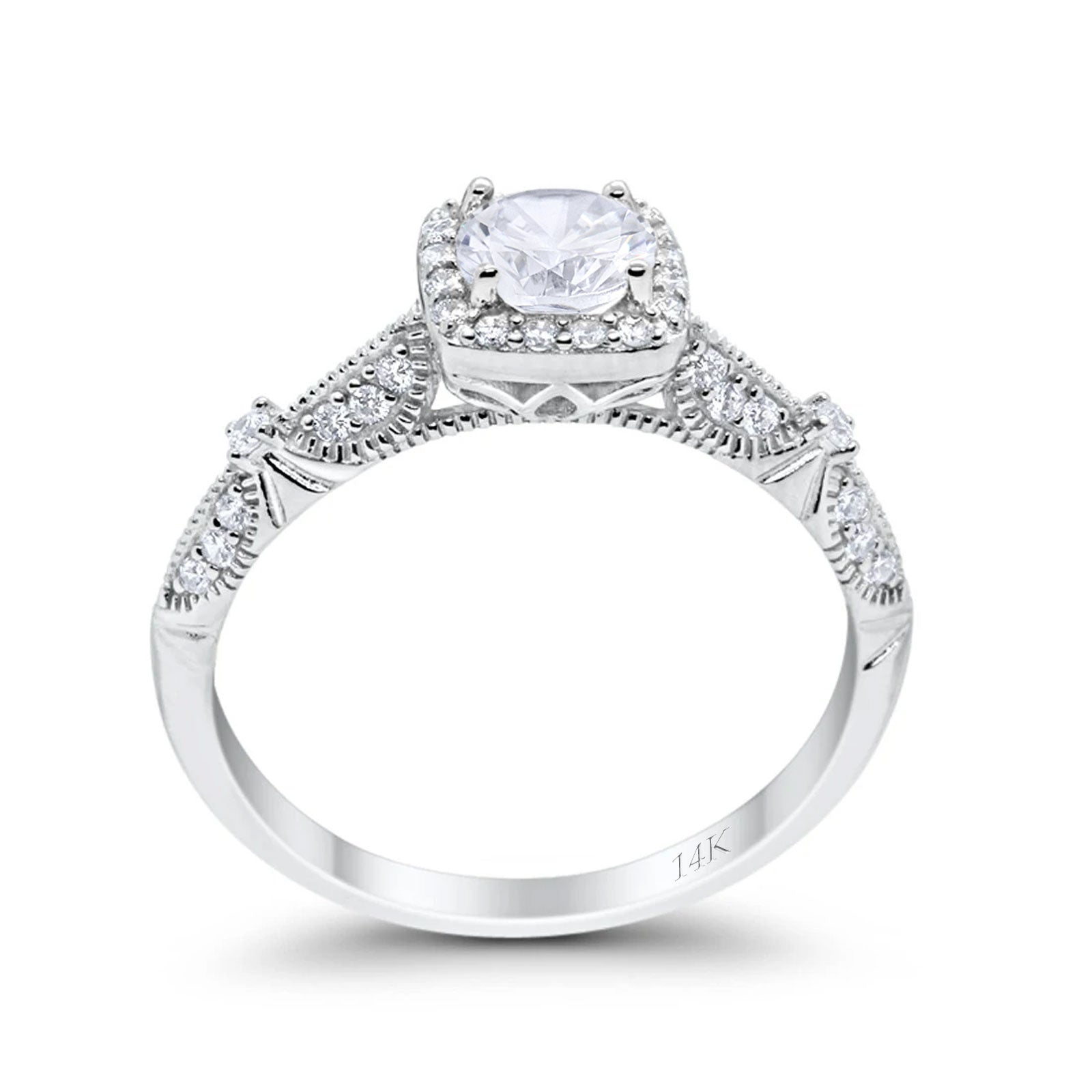 14K White Gold Halo Round Bridal Wedding Engagement Ring Simulated CZ Size-7