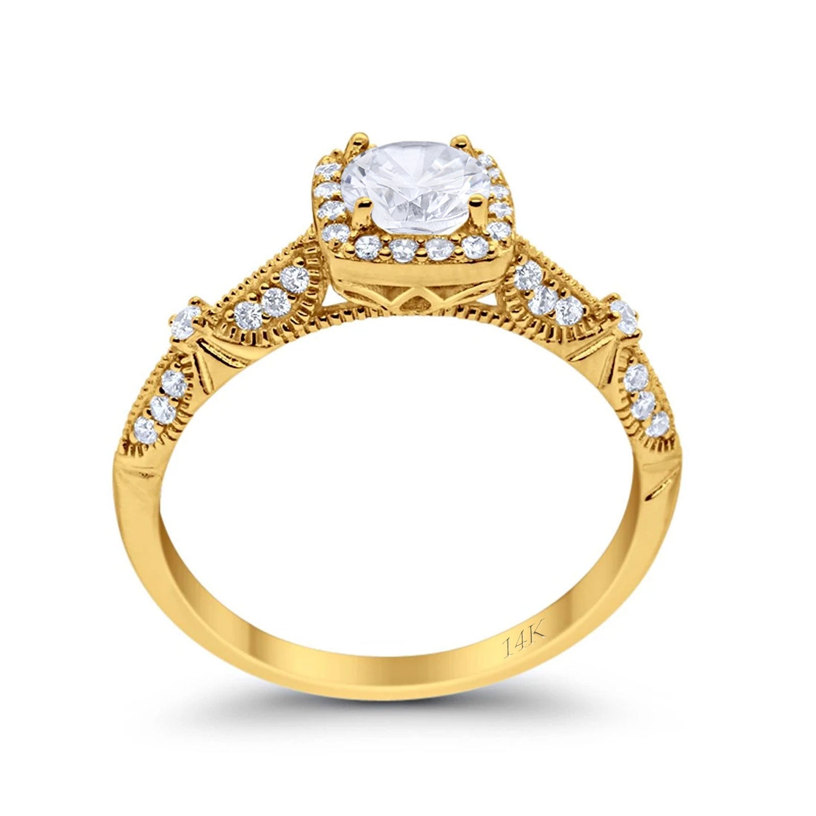 14K Yellow Gold Halo Round Bridal Wedding Engagement Ring Simulated CZ Size-7