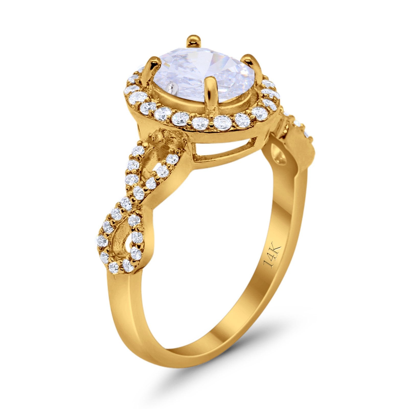 14K Yellow Gold Art Deco Halo Wedding Ring Oval Round Simulated Cubic Zirconia Size-7