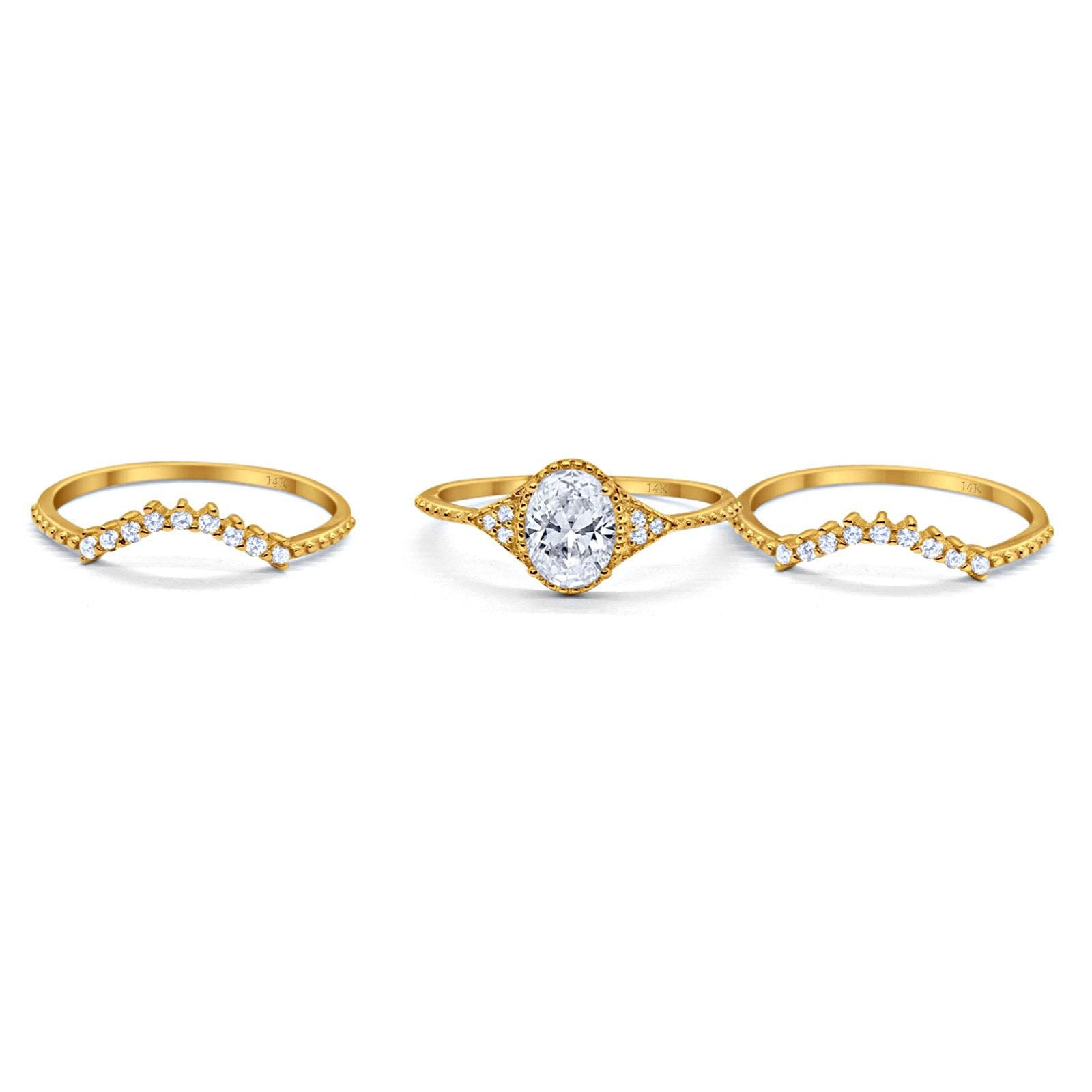 14K Yellow Gold Three Piece Art Deco Bridal Set Band Oval Engagement Wedding Ring Simulated CZ Size-7