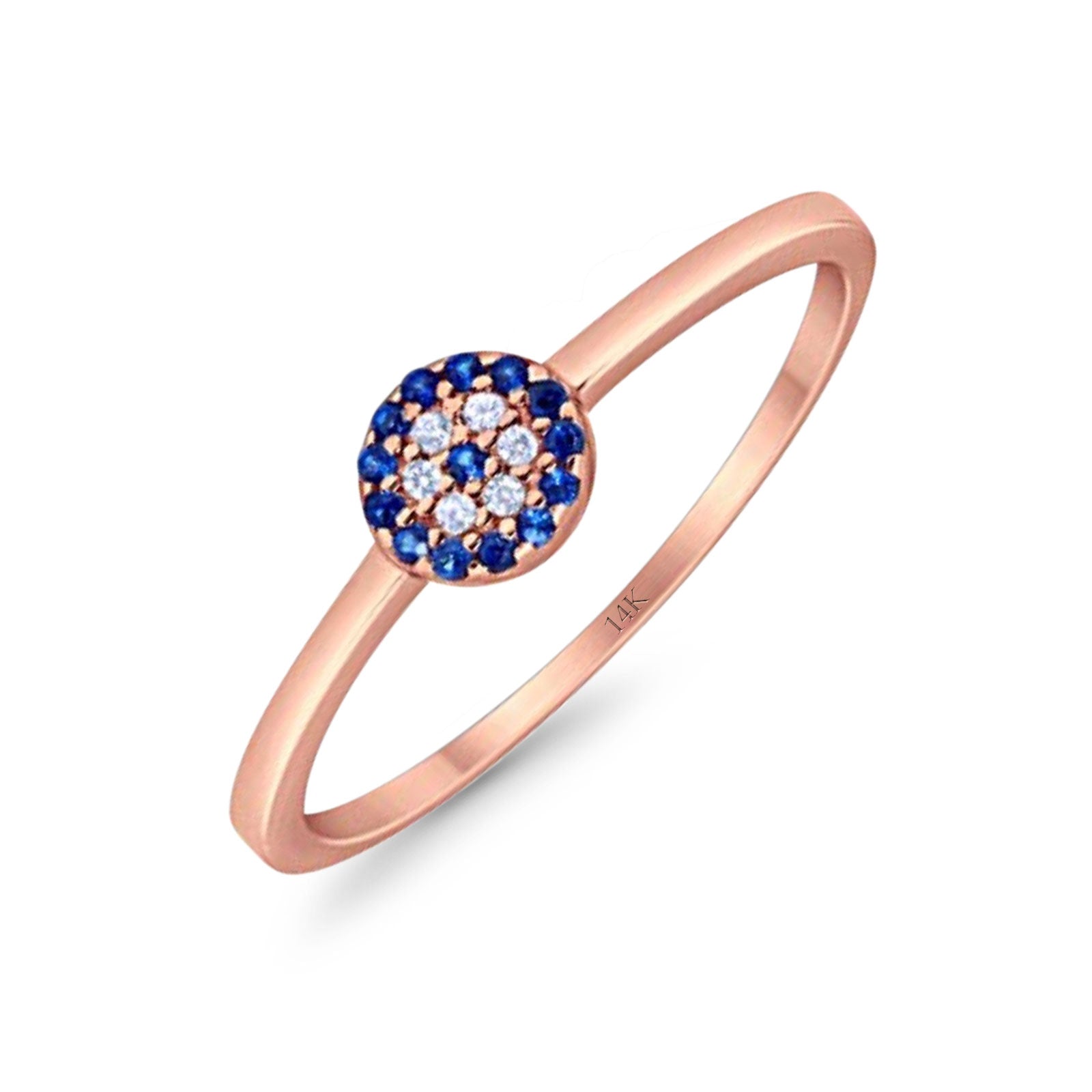 14K Rose Gold Evil Eye Simulated Blue Sapphire Round Bridal CZ Wedding Engagement Ring Size-7