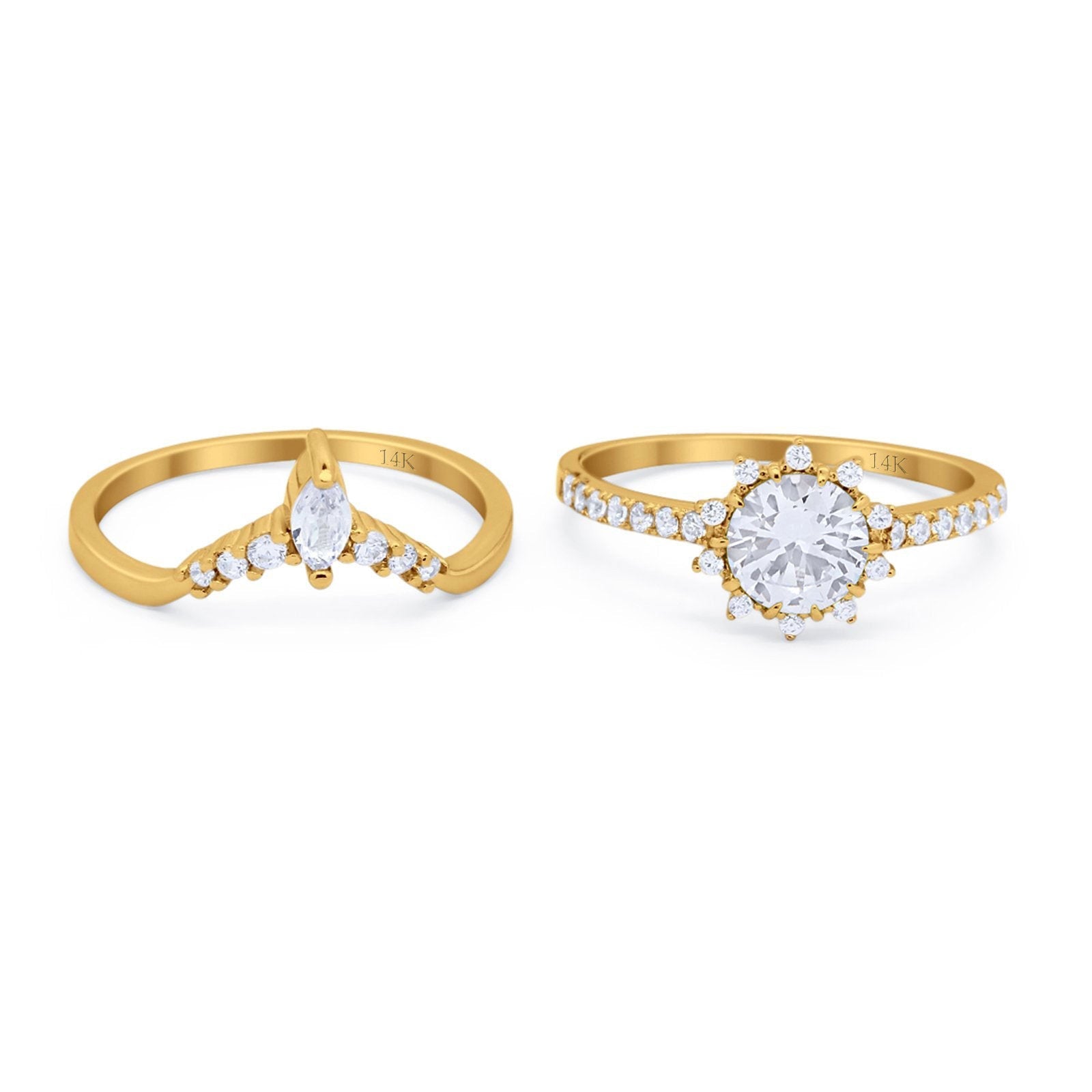 14K Yellow Gold Two Piece Art Deco Bridal Set Ring Band Round Engagement Piece Simulated CZ Size-7
