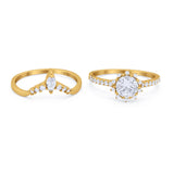14K Yellow Gold Two Piece Art Deco Bridal Set Ring Band Round Engagement Piece Simulated CZ Size-7