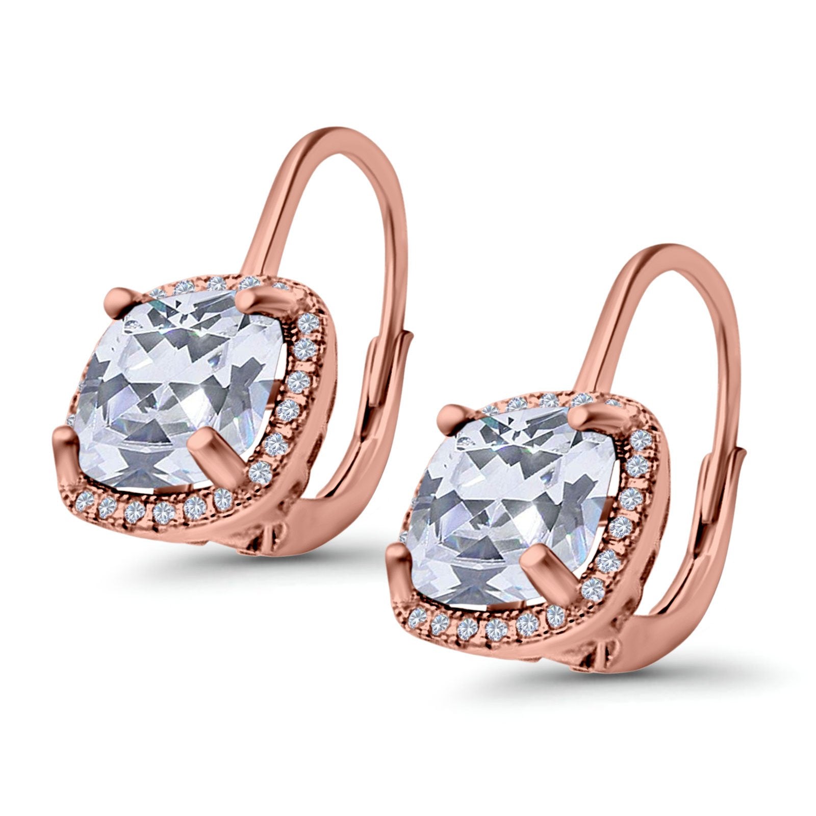 14K Rose Gold Cushion Halo Leverback Earrings Round Cubic Zirconia