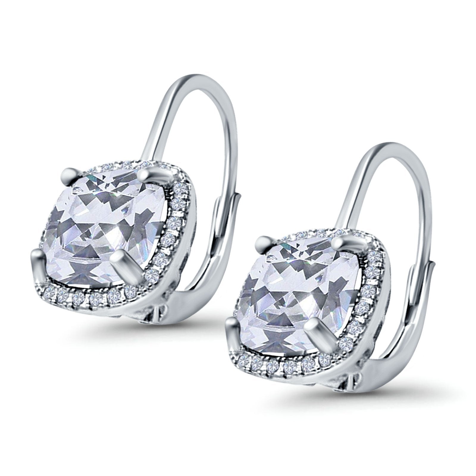 14K White Gold Cushion Halo Leverback Earrings Round Cubic Zirconia