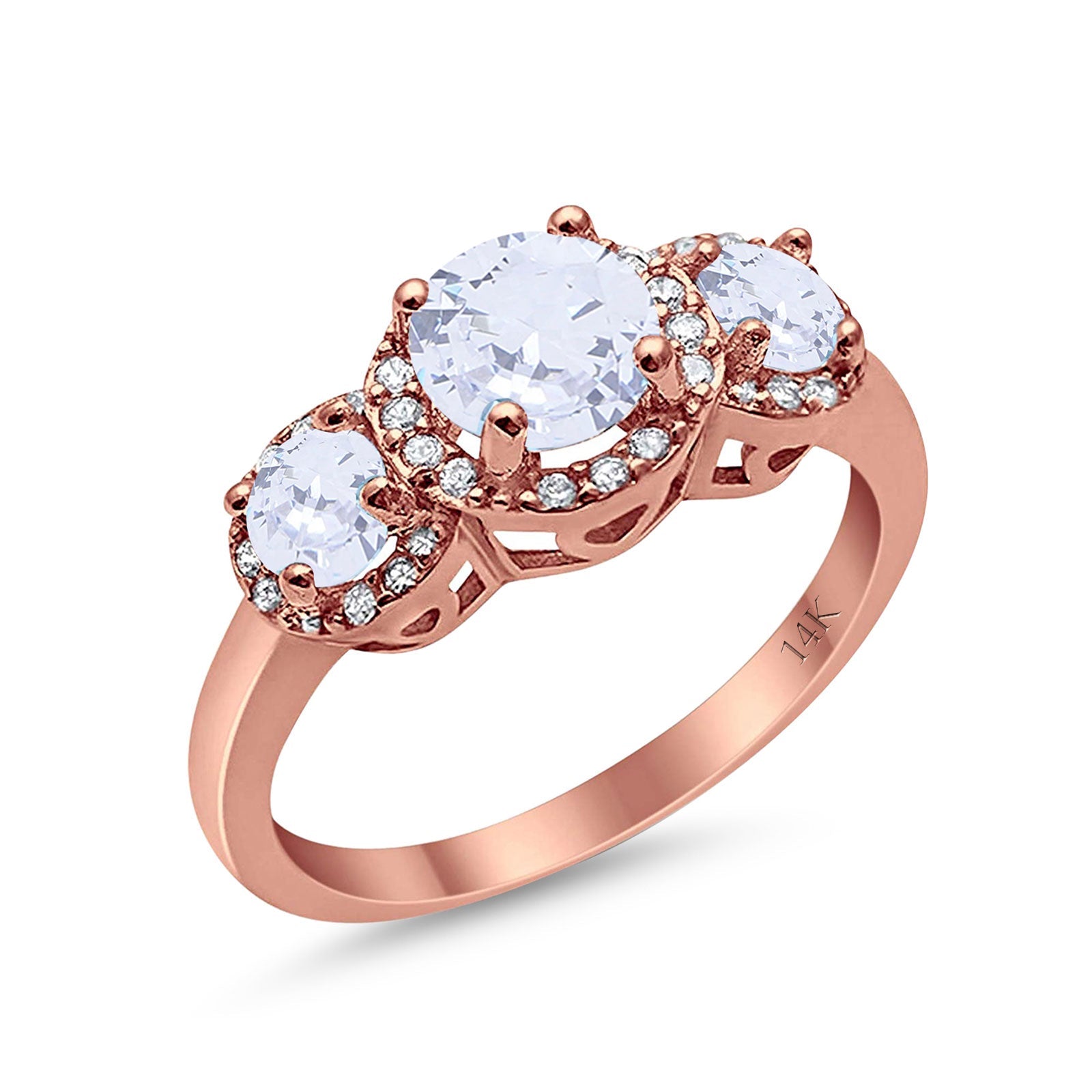 14K Rose Gold Round Three Stone Bridal Simulated CZ Wedding Engagement Ring Size-7