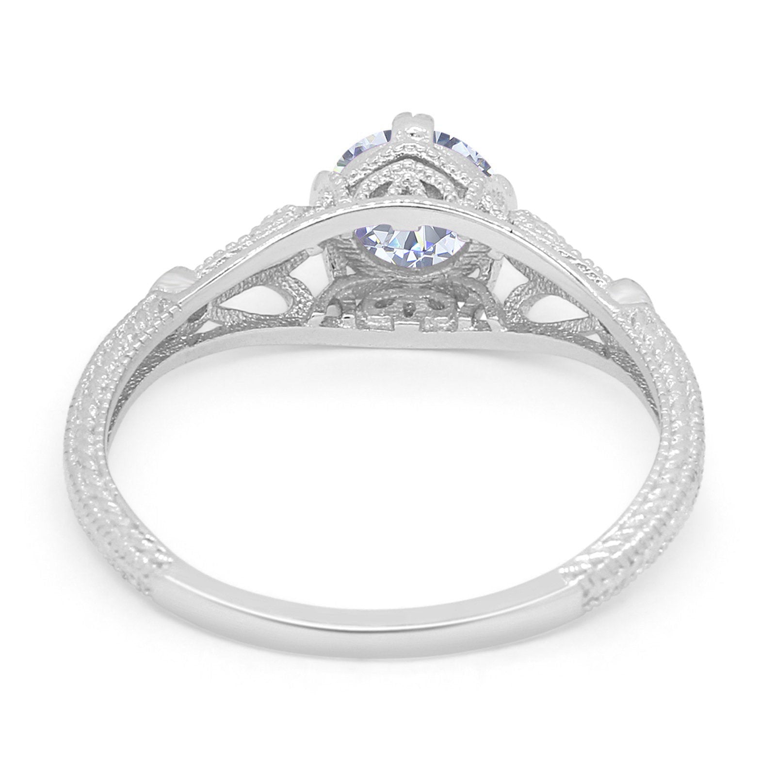 14K White Gold Round Vintage Design Solitaire Bridal Simulated CZ Wedding Engagement Ring Size-7