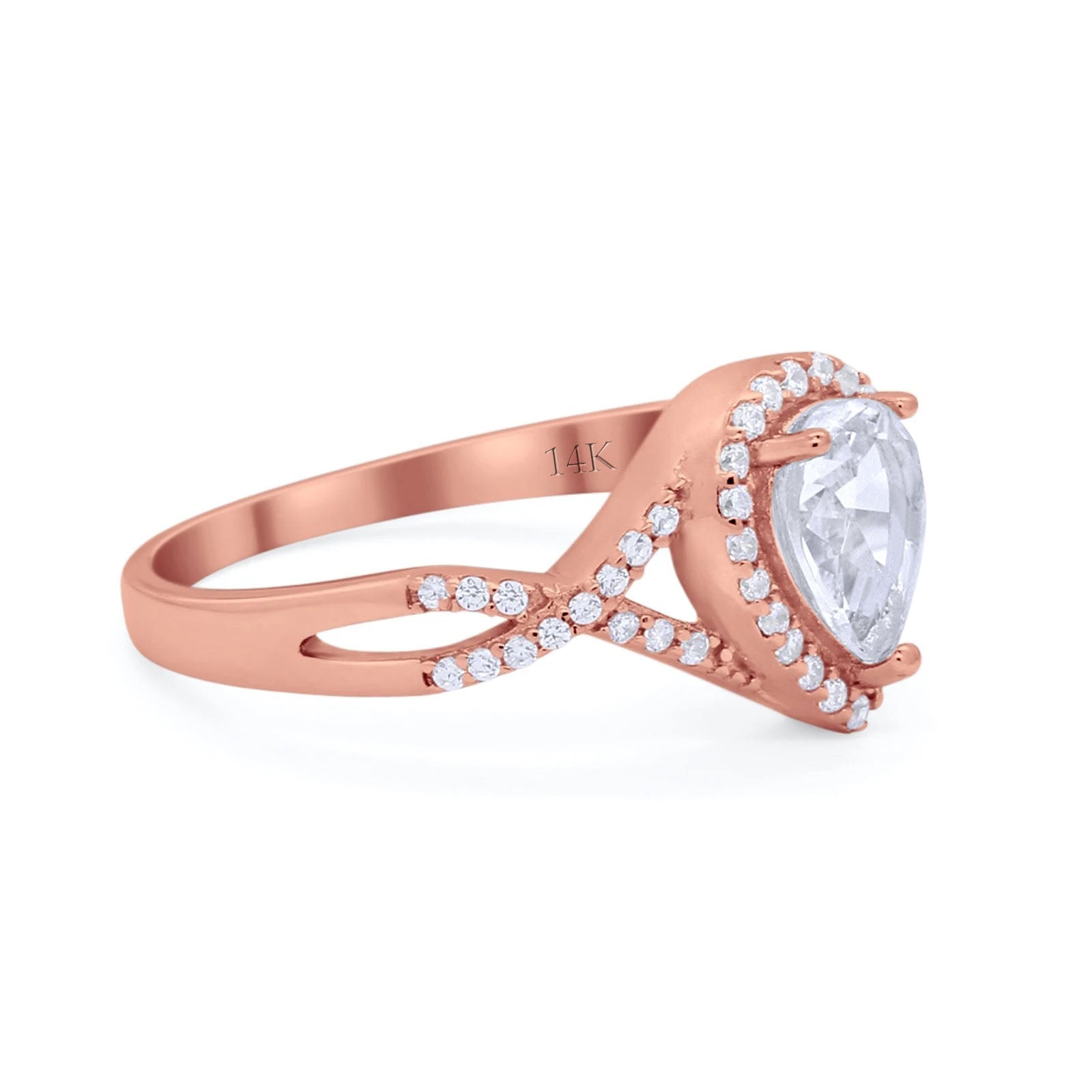 14K Rose Gold Teardrop Wedding Promise Ring Infinity Round Simulated CZ