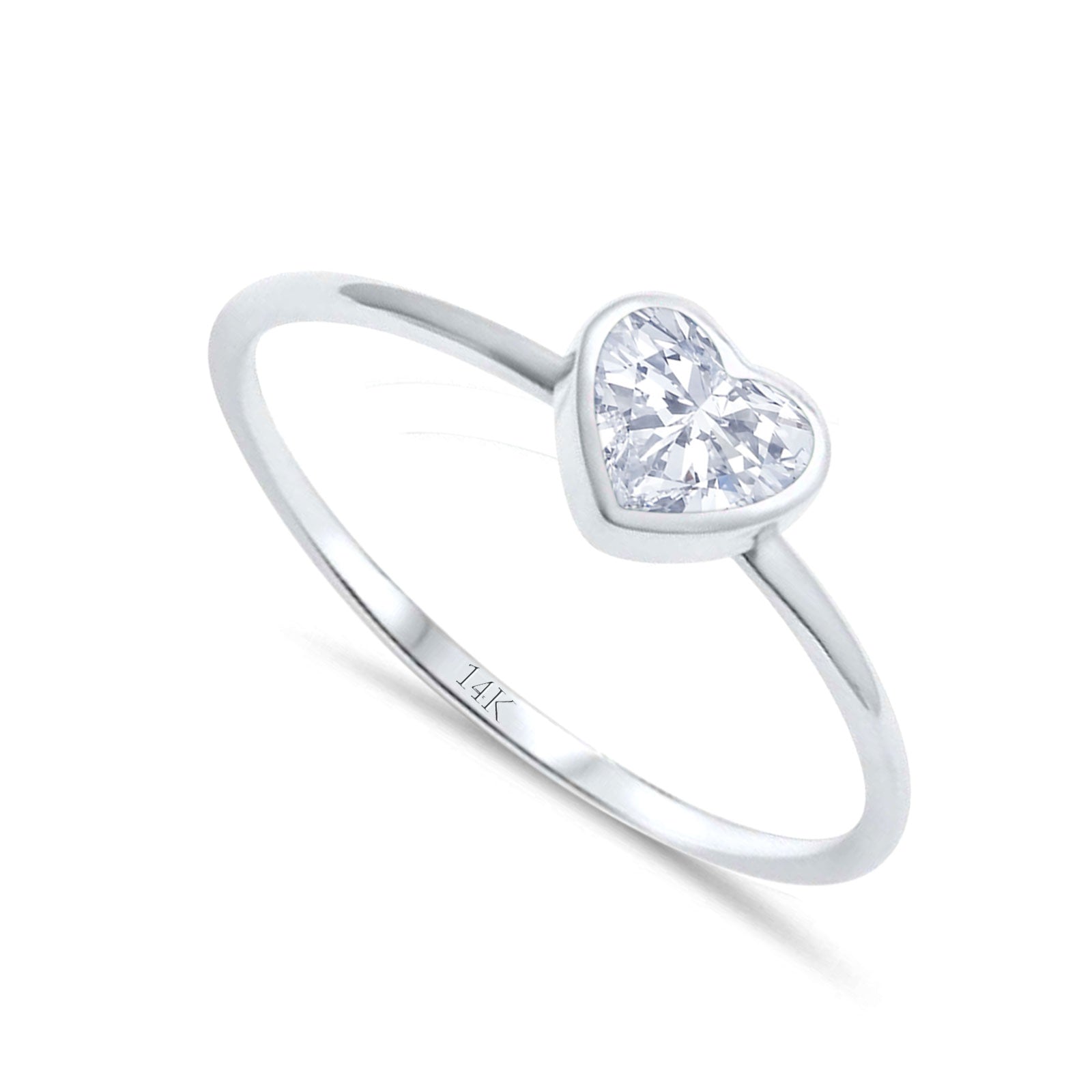 14K White Gold Solitaire Heart Promise Ring Bridal Simulated CZ Wedding Engagement Size 7