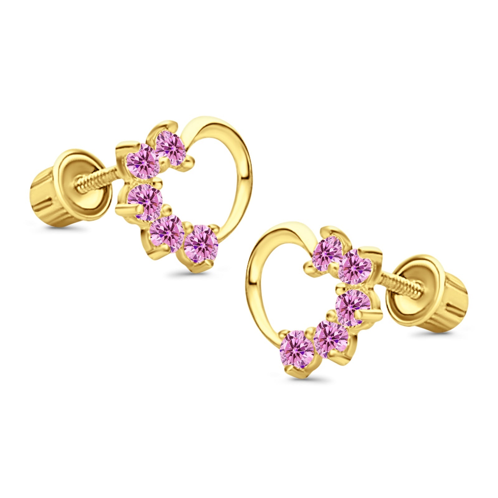 Solid 14K Yellow Gold Heart Stud Earrings Simulated Pink CZ with Screw Back
