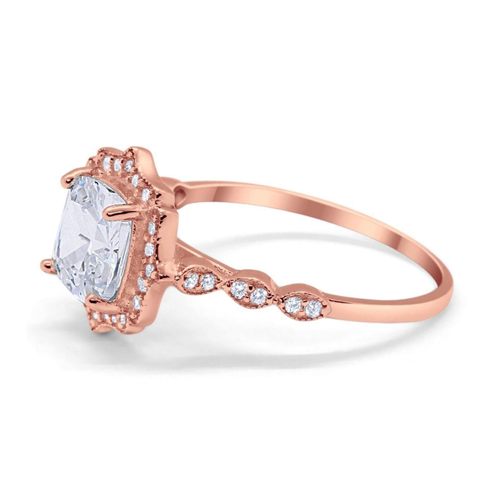 14K Rose Gold Art Deco Wedding Ring Cushion Cut Simulated Cubic Zirconia