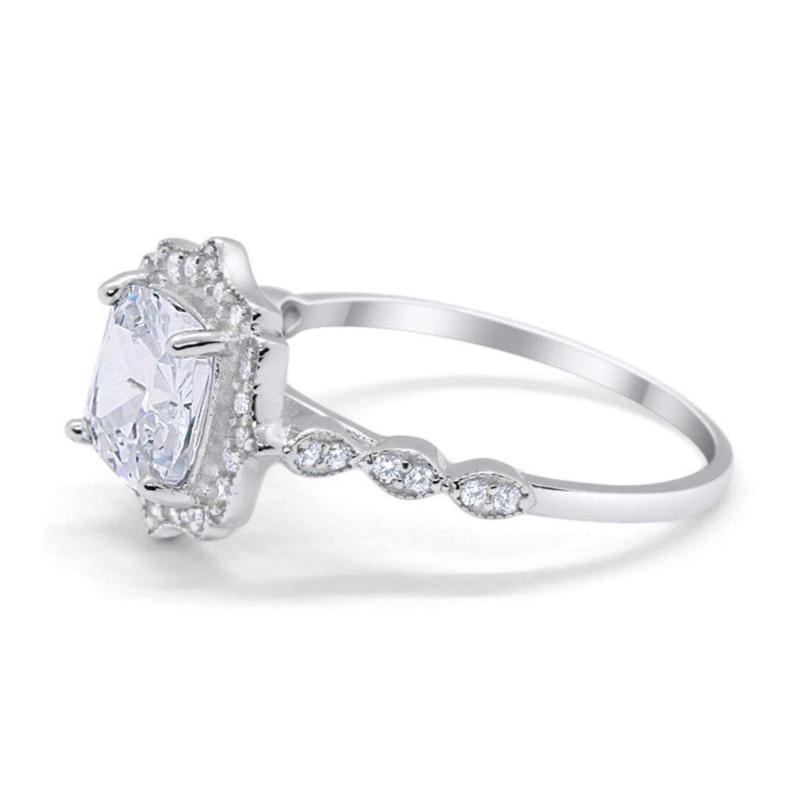 14K White Gold Art Deco Wedding Ring Cushion Cut Simulated Cubic Zirconia