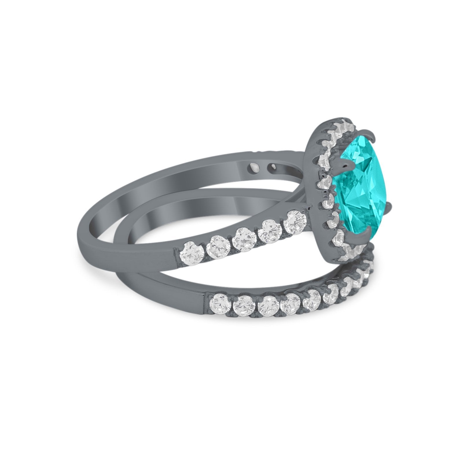Two Piece Cushion Art Deco Wedding Ring Black Tone, Simulated Paraiba Tourmaline CZ 925 Sterling Silver
