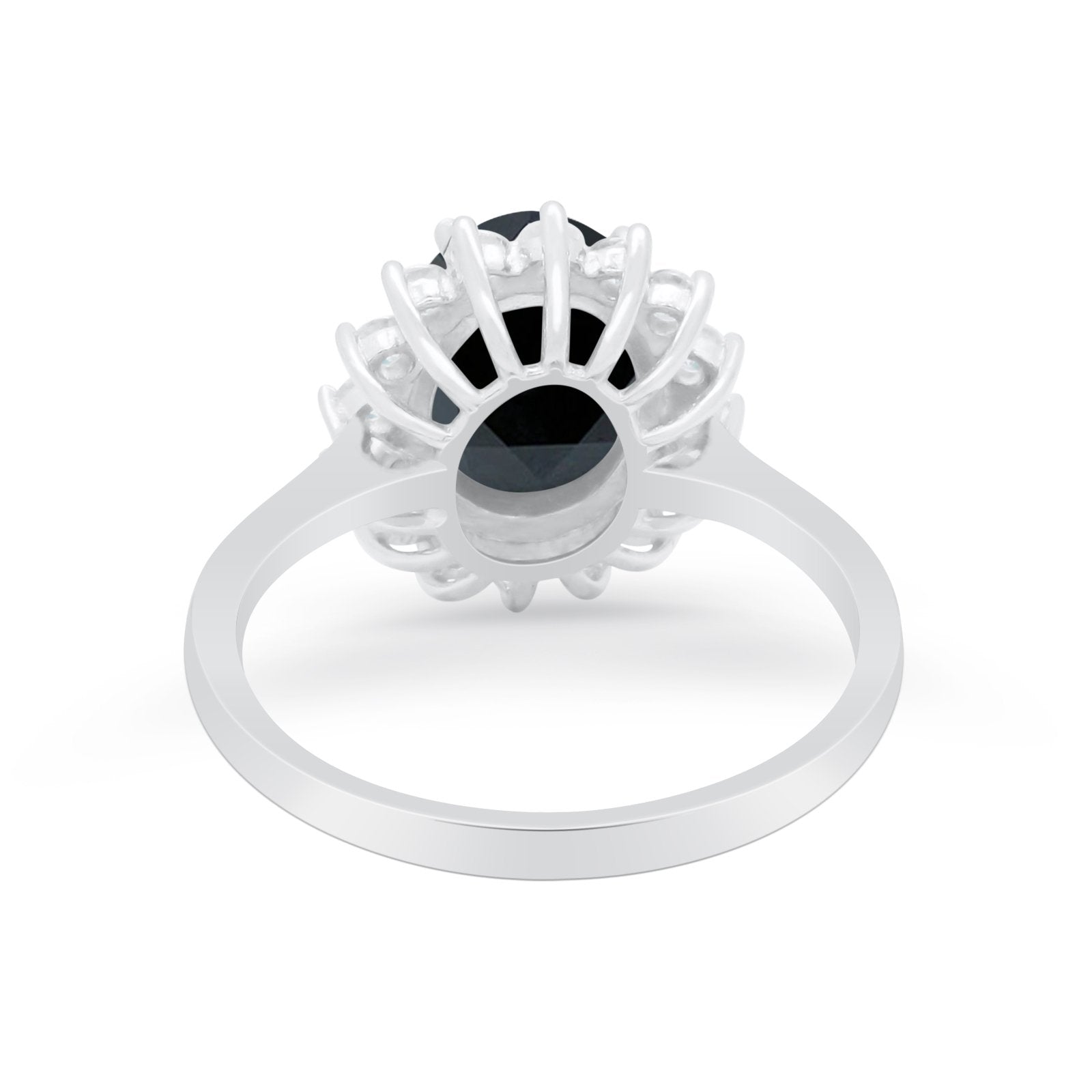 Floral Halo Oval Wedding Ring Simulated Black CZ 925 Sterling Silver