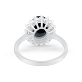Floral Halo Oval Wedding Ring Simulated Black CZ 925 Sterling Silver