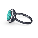 Halo Floral Oval Engagement Bridal Ring Black Tone, Simulated Paraiba Tourmaline CZ 925 Sterling Silver