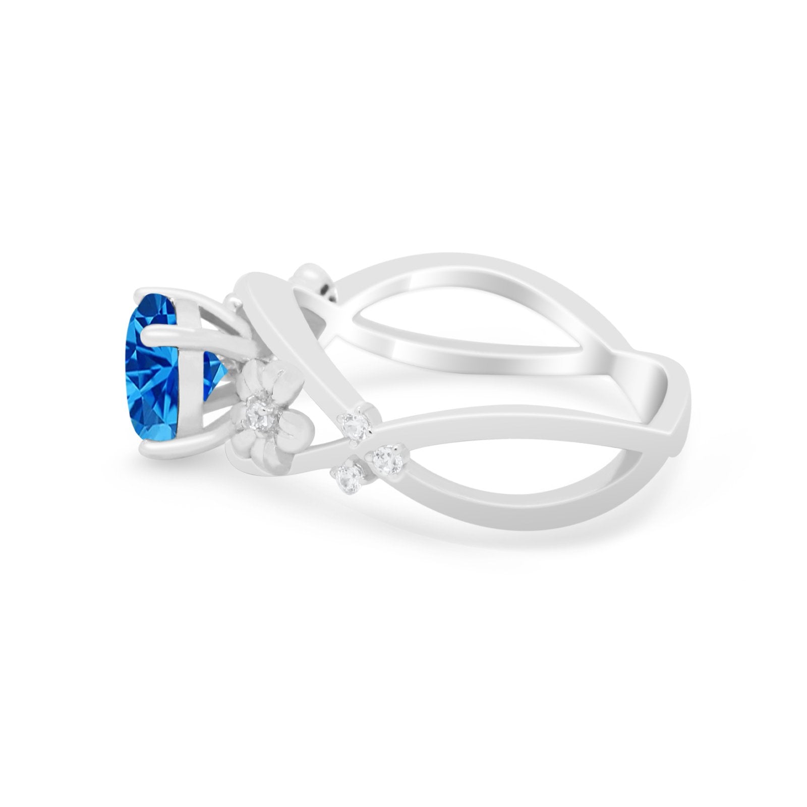 Plumeria Flower Infinity Shank Wedding Ring Simulated Blue Topaz CZ 925 Sterling Silver