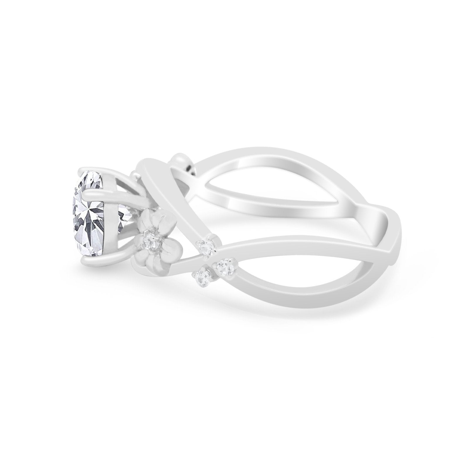 Plumeria Flower Infinity Shank Wedding Ring Simulated CZ 925 Sterling Silver