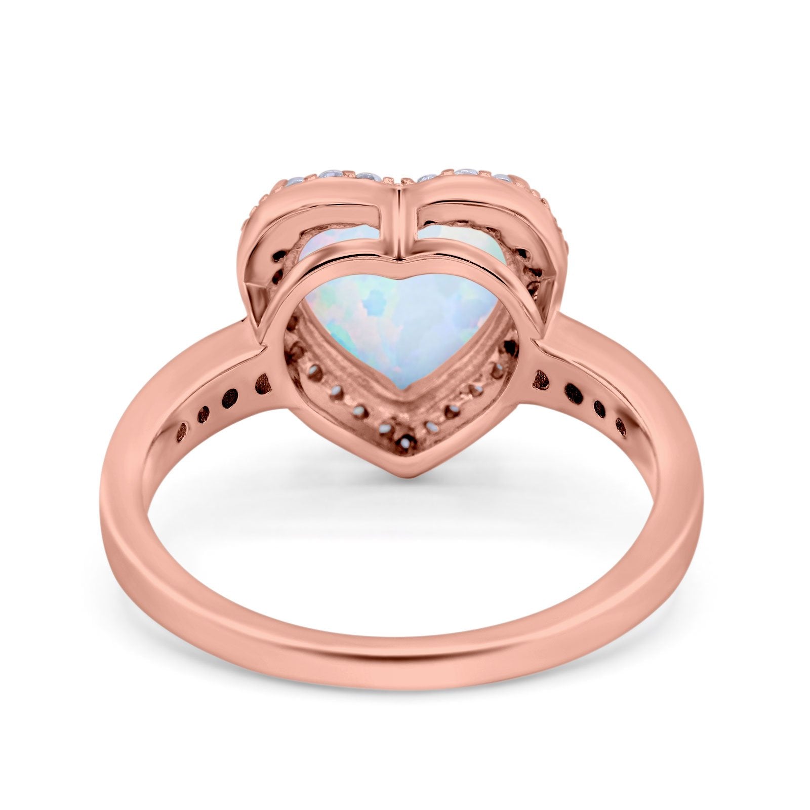 Halo Heart Promise Ring Rose Tone, Lab Created White Opal 925 Sterling Silver