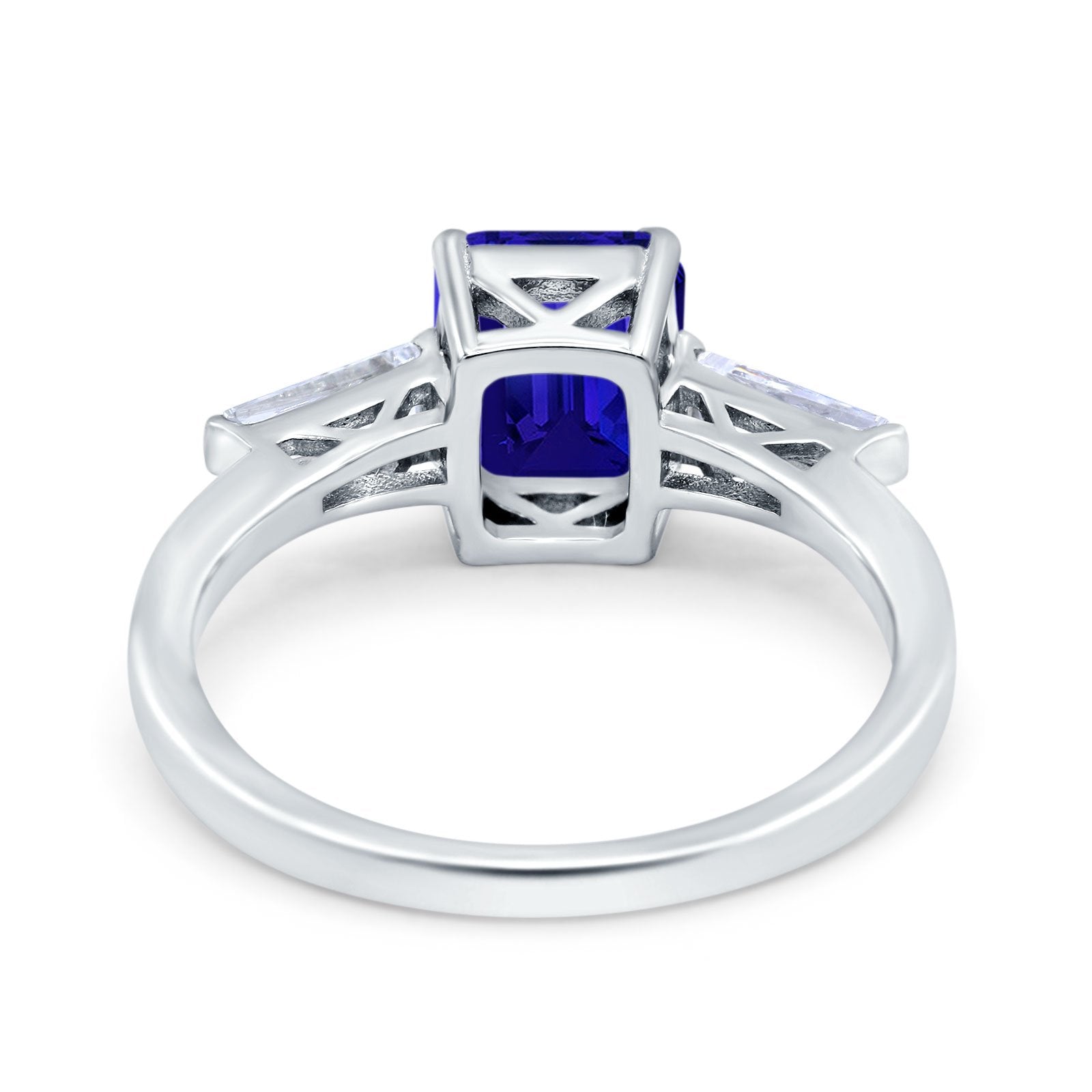Art Deco Wedding Ring Emerald Cut Simulated Blue Sapphire CZ 925 Sterling Silver