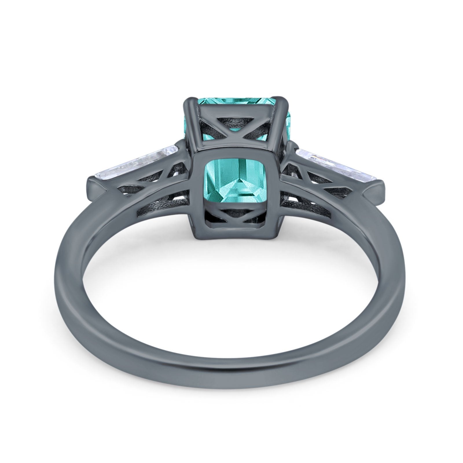 Art Deco Wedding Ring Emerald Cut Black Tone, Simulated Paraiba Tourmaline CZ 925 Sterling Silver