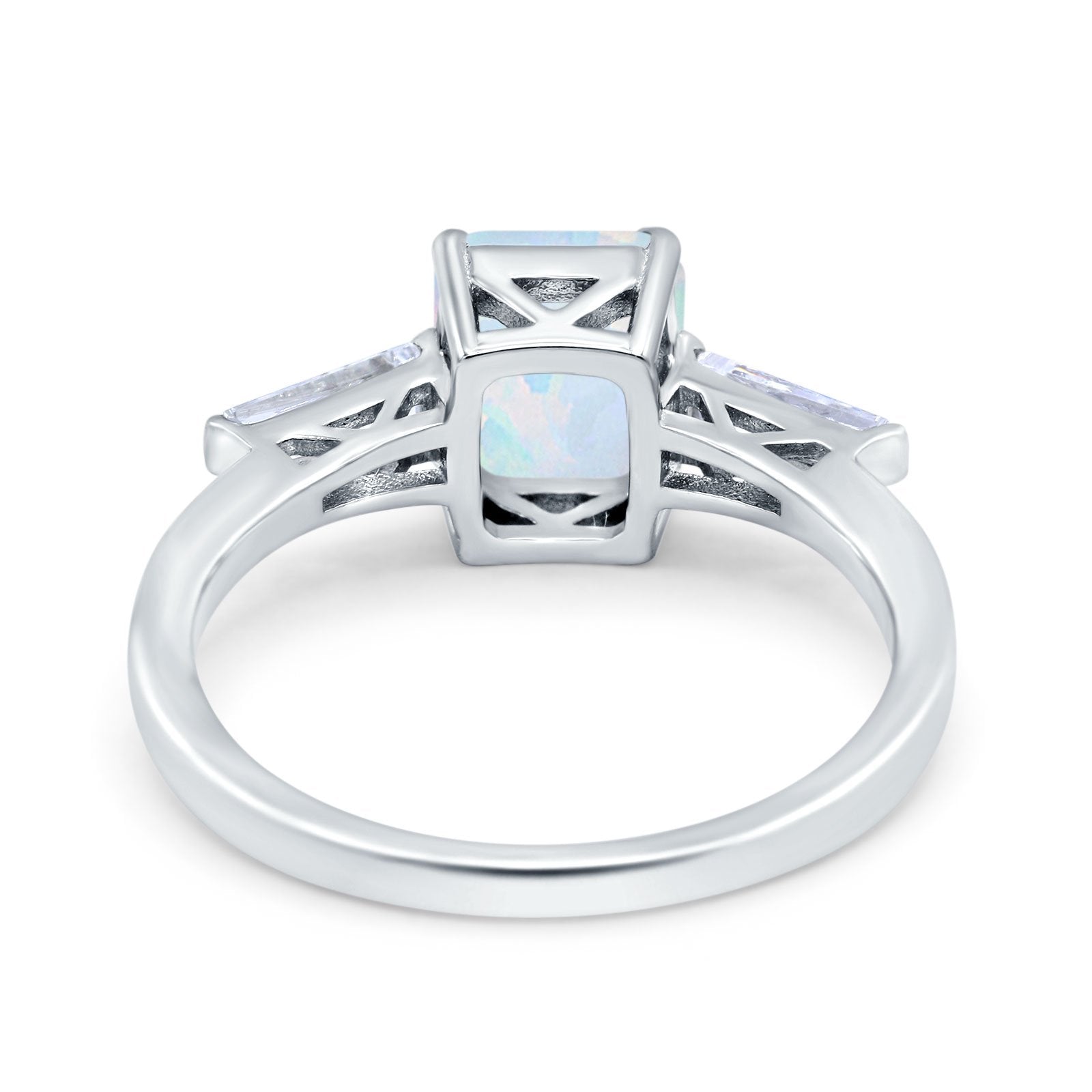 Art Deco Wedding Ring Emerald Cut Lab Created White Opal 925 Sterling Silver