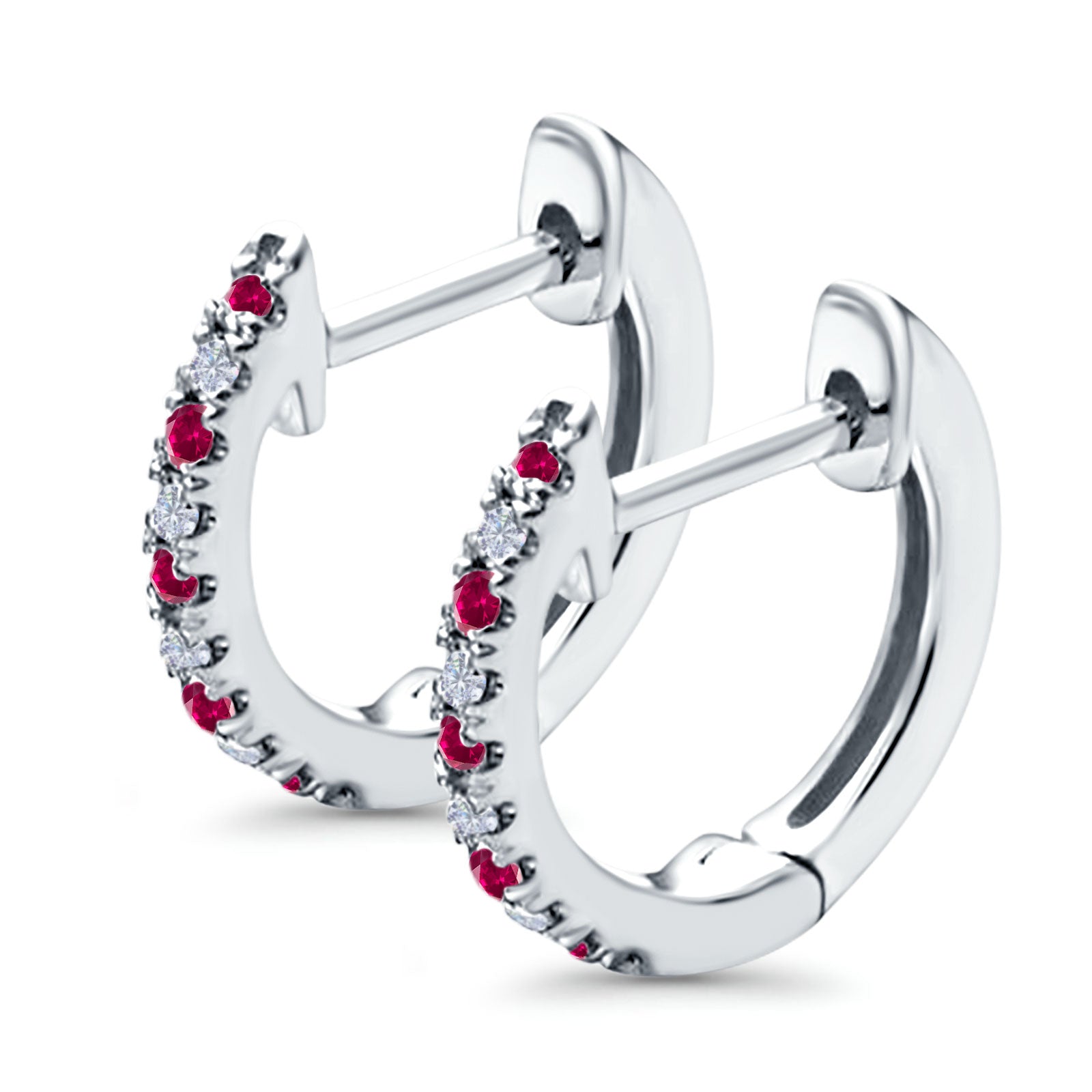 Half Eternity Hoop Earrings Round Simulated Ruby CZ 925 Sterling Silver (14mm)