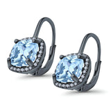 Halo Cushion Leverback Earrings Black Tone, Simulated Aquamarine CZ 925 Sterling Silver