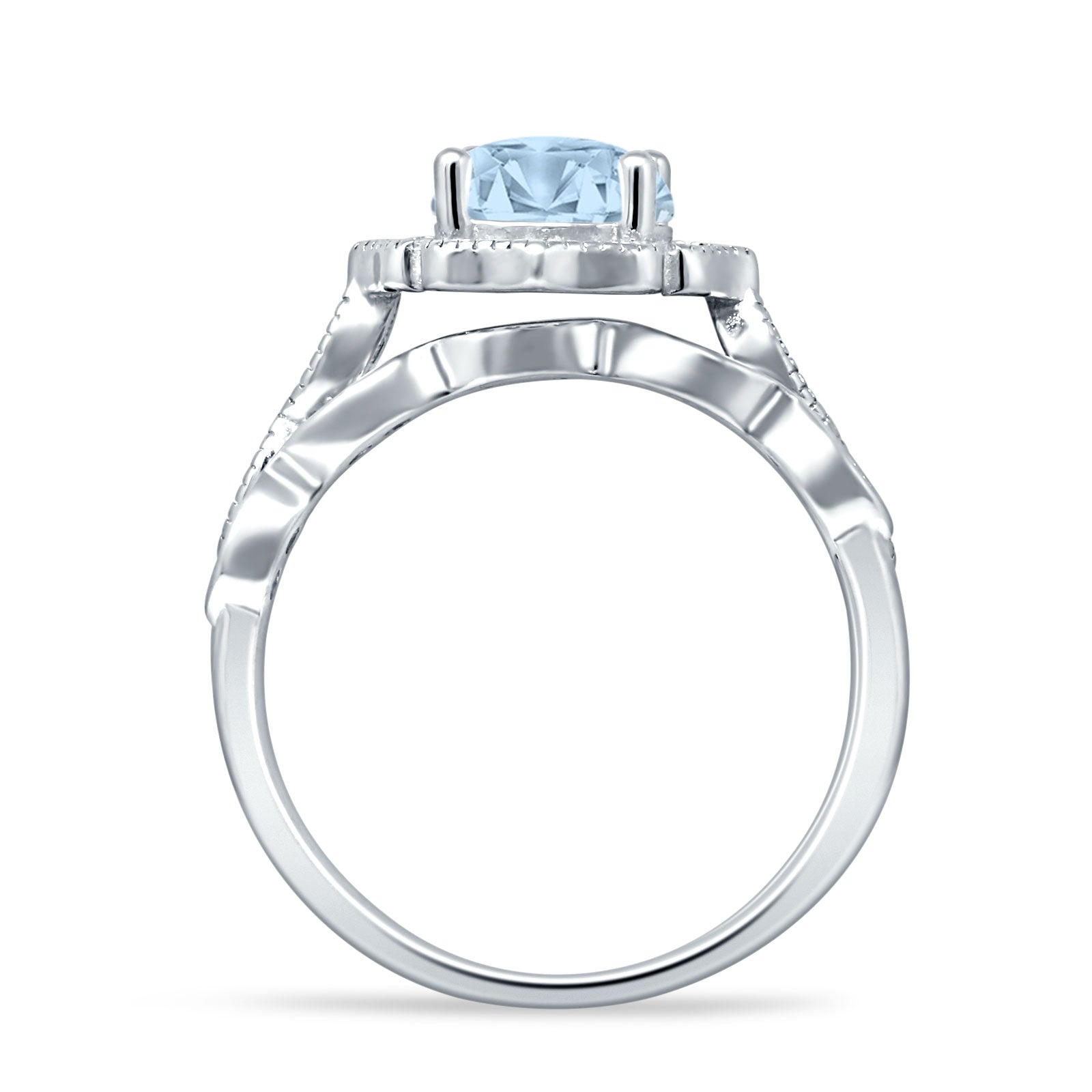 Two Piece Round Halo Floral Ring Aquamarine CZ 925 Sterling Silver Wholesale