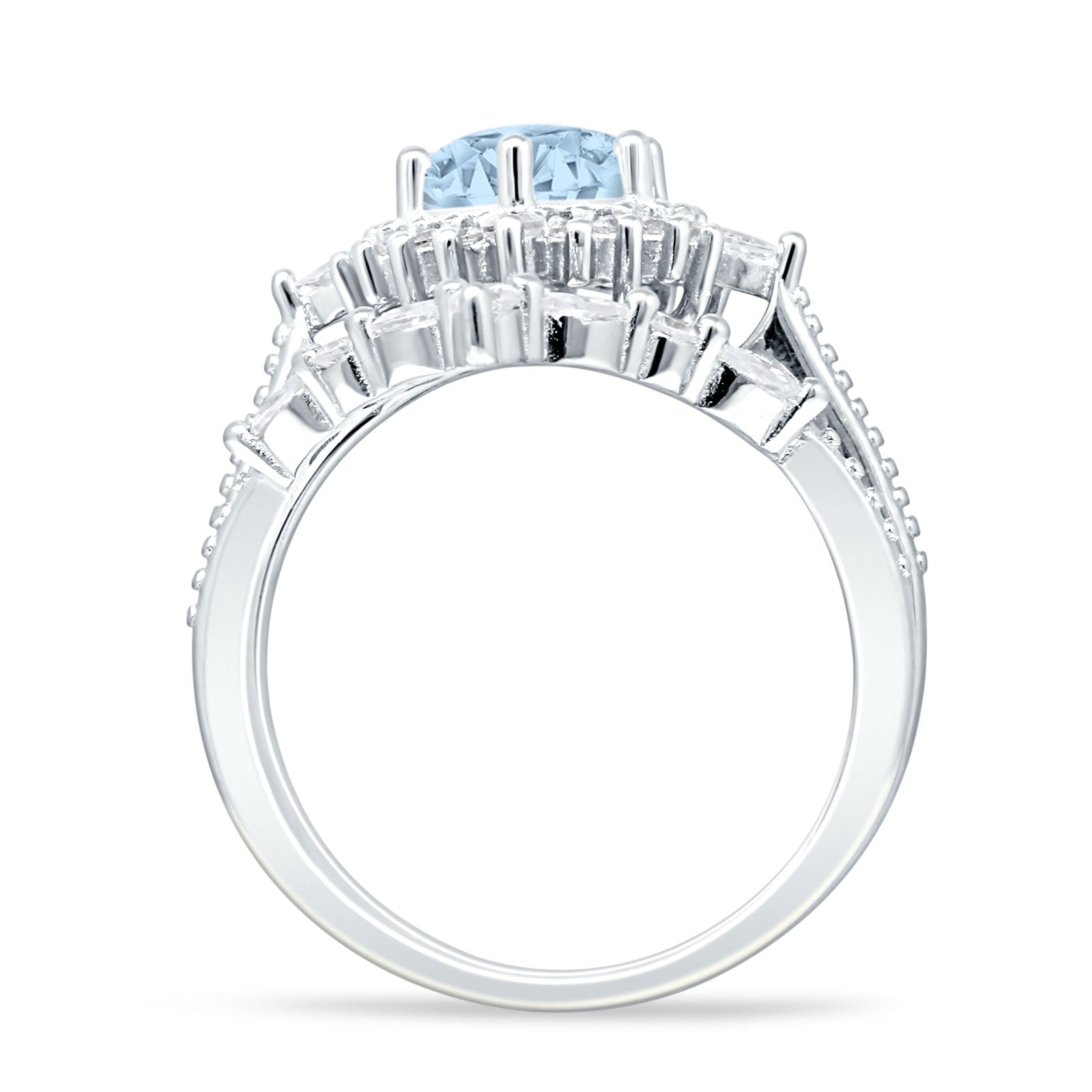 Two Piece Round Halo Bridal Ring Aquamarine CZ 925 Sterling Silver Wholesale