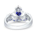 Claddagh Accent Heart Wedding Bridal Set Piece Ring Band Simulated Blue Sapphire CZ 925 Sterling Silver