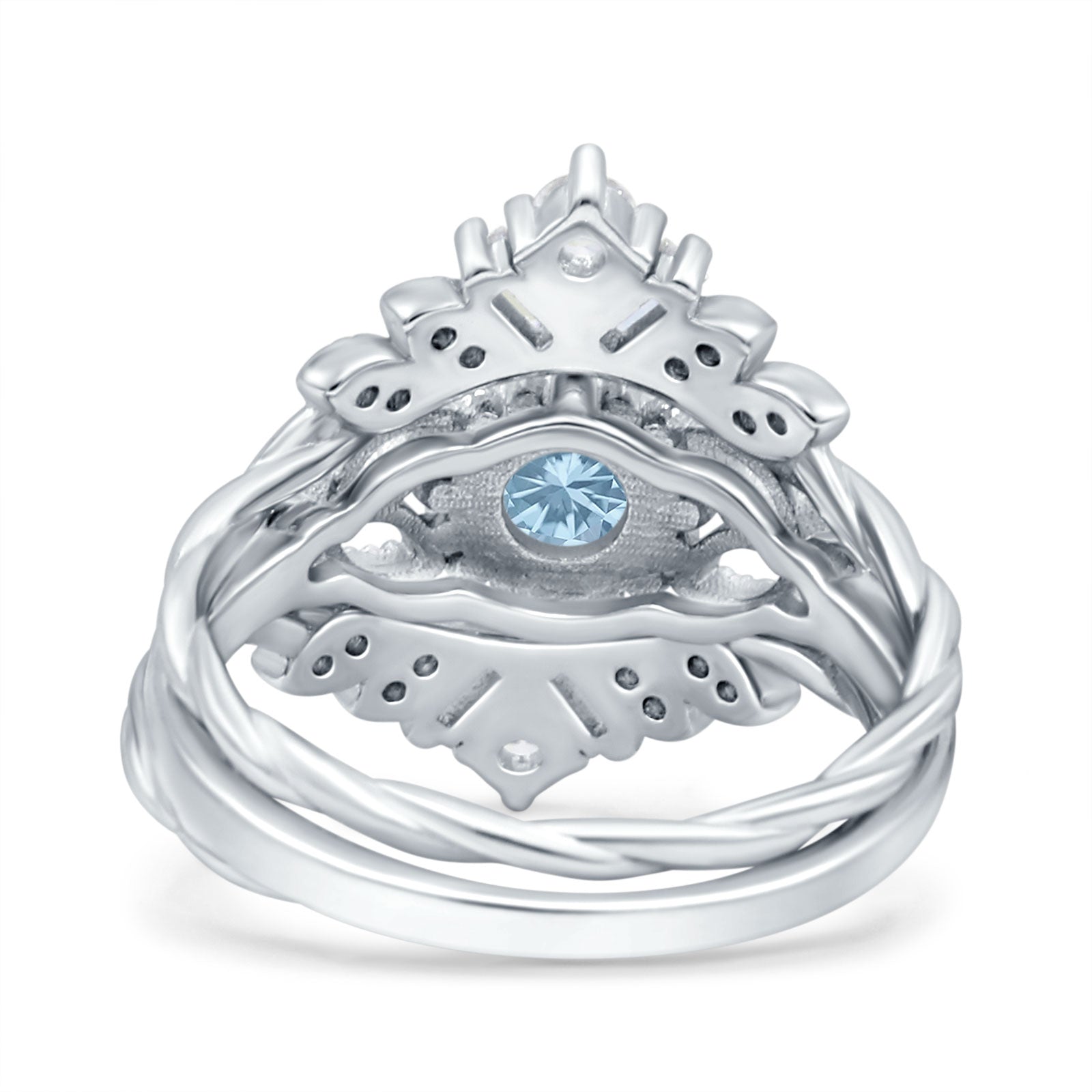 Art Deco Three Piece Wedding Bridal Set Ring Round Simulated Aquamarine CZ 925 Sterling Silver
