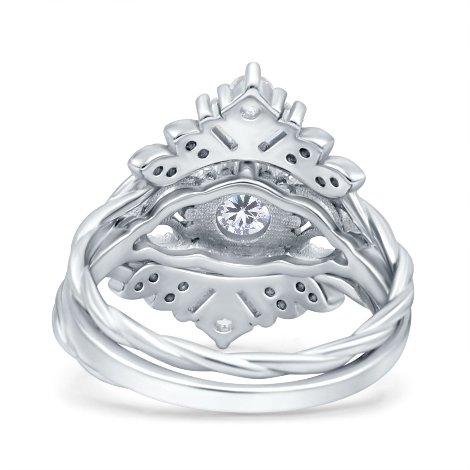 Art Deco Three Piece Wedding Bridal Set Ring Round Simulated Cubic Zirconia 925 Sterling Silver