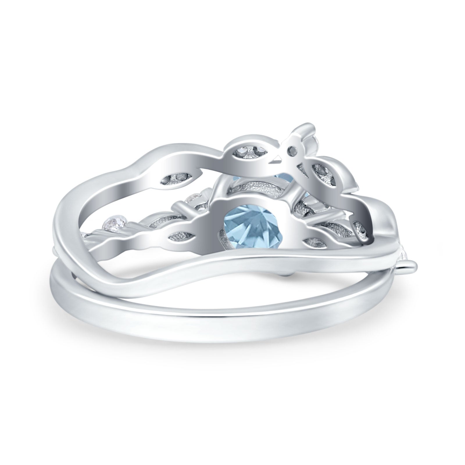 Two Piece Vintage Style Art Deco Engagement Bridal Set Ring Round Simulated Aquamarine CZ 925 Sterling Silver