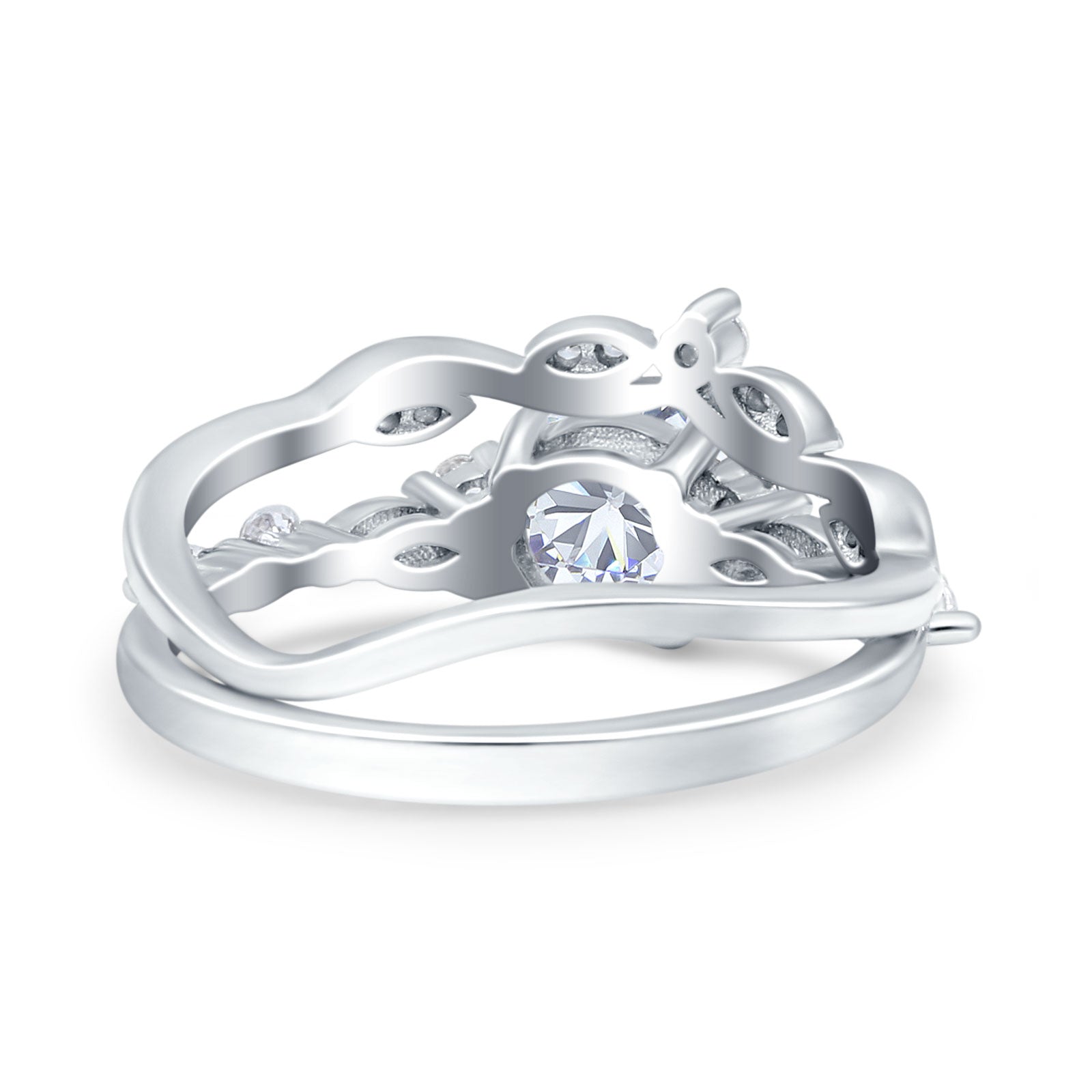 Two Piece Vintage Style Art Deco Engagement Bridal Set Ring Round Simulated Cubic Zirconia 925 Sterling Silver