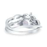 Two Piece Vintage Style Art Deco Engagement Bridal Set Ring Round Lab Created White Opal 925 Sterling Silver