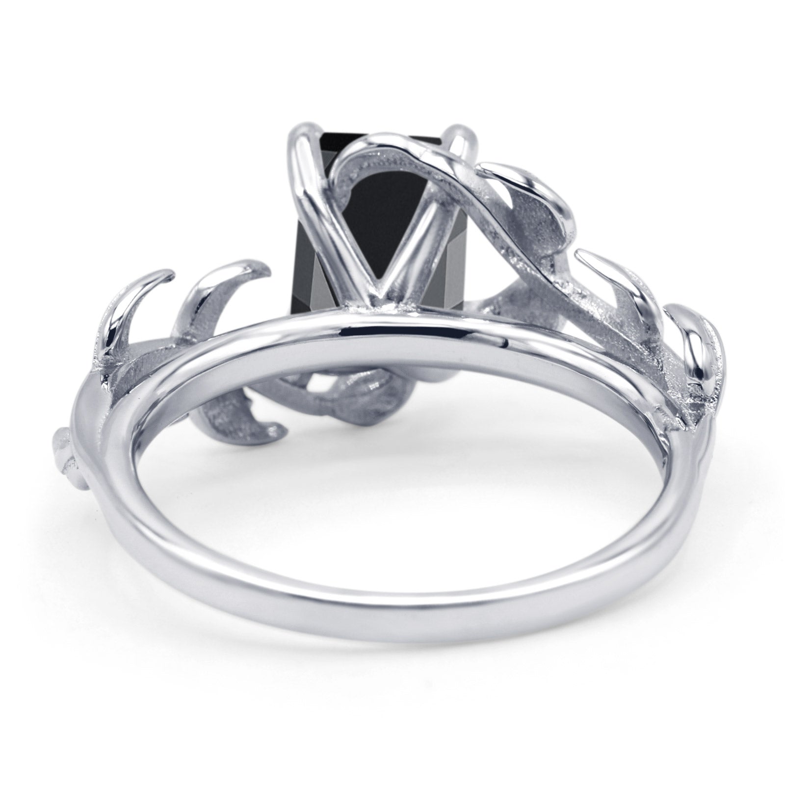 Art Deco Engagement Ring Natural Leaf Design Emerald Cut Simulated Black 925 Sterling Silver Wholesale