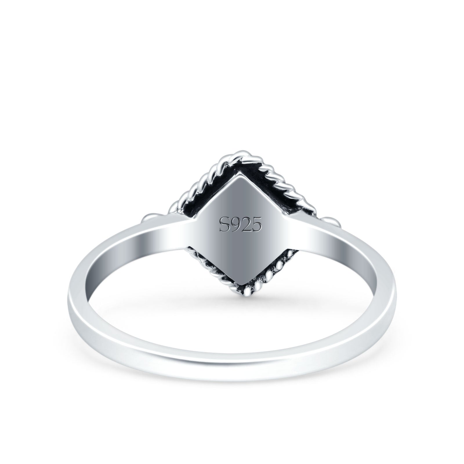 Square Vintage Style Petite Dainty Lab Created White Opal Ring Solid Oxidized 925 Sterling Silver