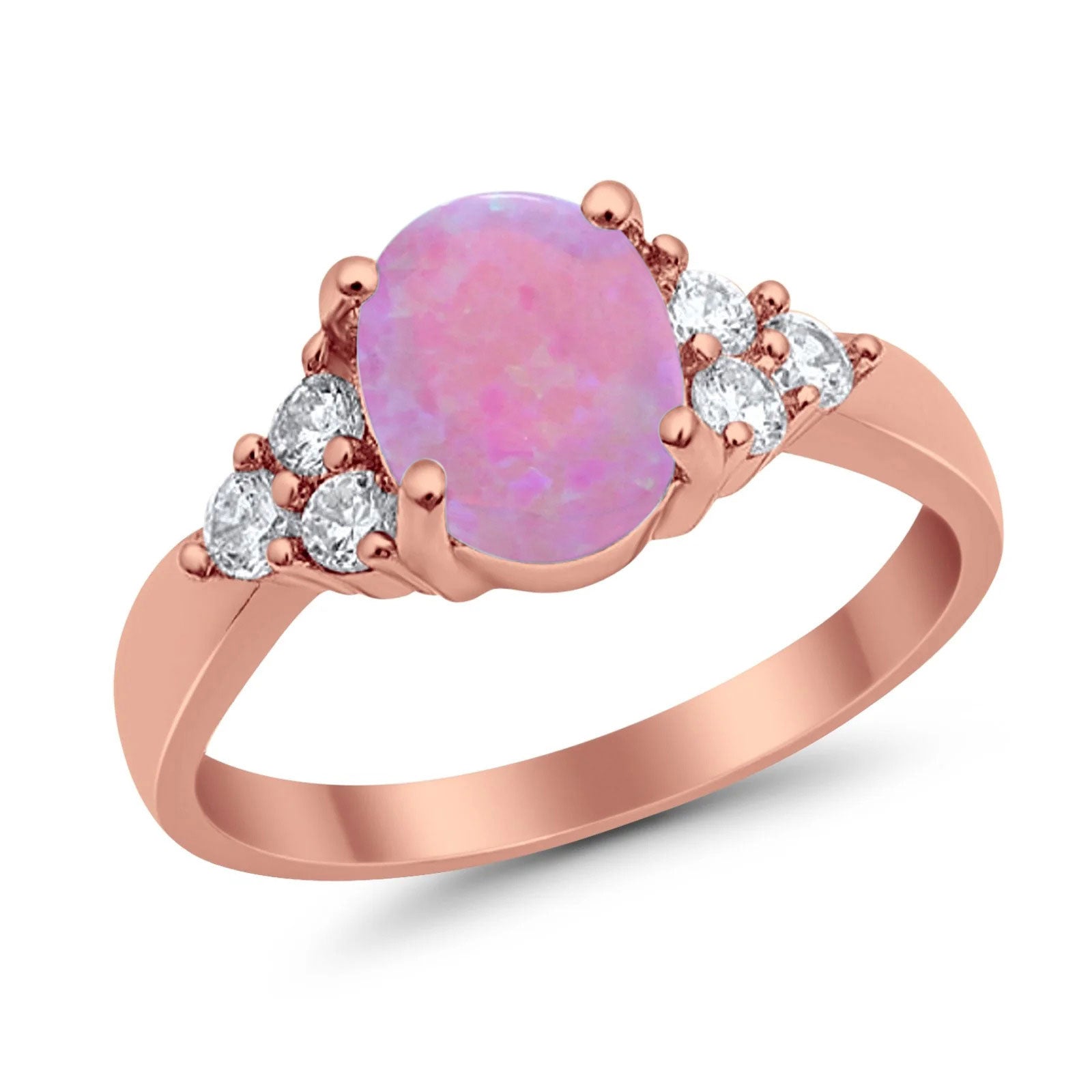 Accent Oval Wedding Ring Rose Tone Lab Created Pink Opal 925 Sterling Silver