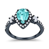 Three Stone Halo Teardrop Pear Fashion Ring Black Tone, Simulated Paraiba Tourmaline CZ 925 Sterling Silver