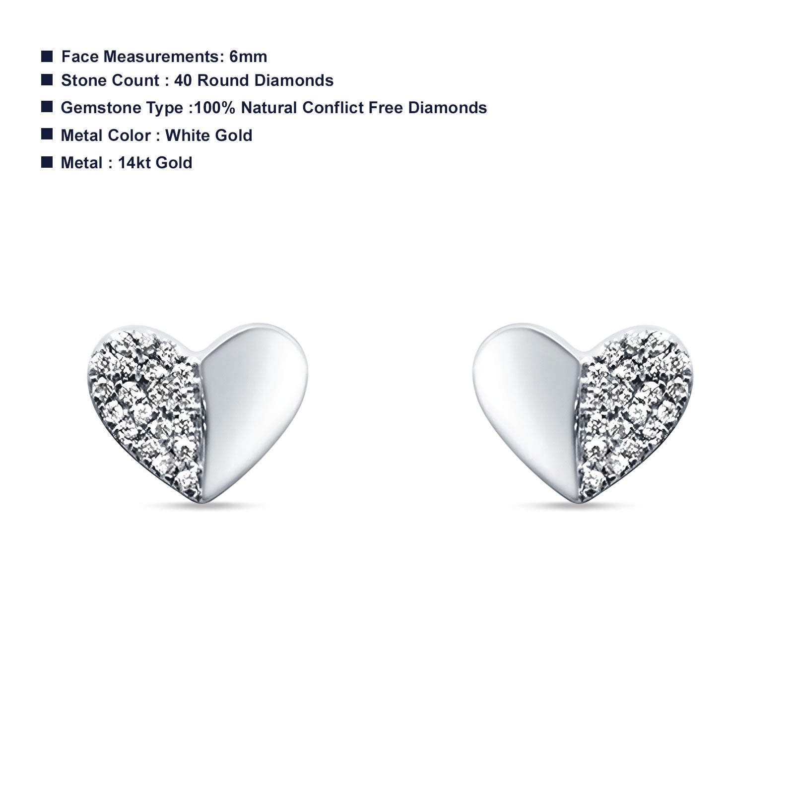 Diamond Heart Stud Earrings -White Gold